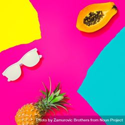 Pineapple, papaya and sunglasses on pattern of ripped paper in vivid colors 4dqjLb