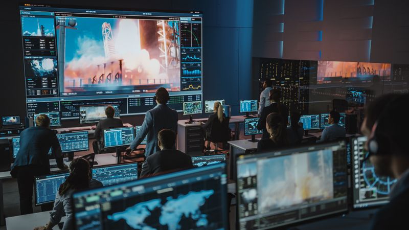 Space Agency Personnel Monitor Rocket Ignition on Massive Display.
