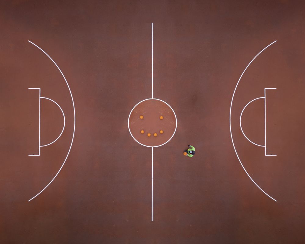 Aerial view of a man playing basketball