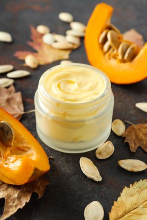 Concept of different cosmetic products, Pumpkin cosmetics