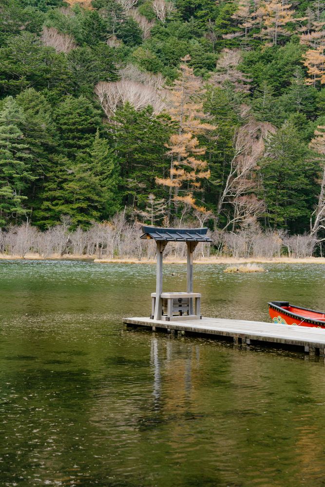 Myojin Pond with Hotaka Shrine in Kamikochi in Autumn, Japanese Alps, Chubu Sangaku National Park