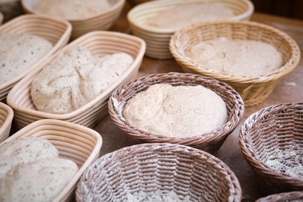 Leavened bread dough in baking pans