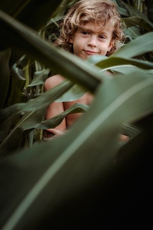 Smiling boy hiding behind green leaves