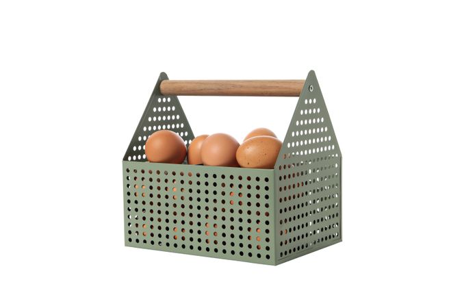 eggs in a square basket, isolated on blank background.
