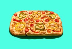 Homemade focaccia isolated on a green background