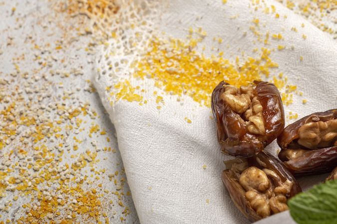 Dates fruits with walnuts, mint and cinnamon for Ramadan