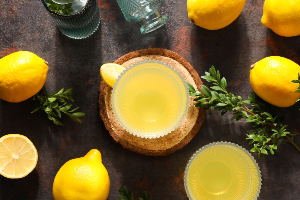 Concept of tasty drink, Limoncello, top view