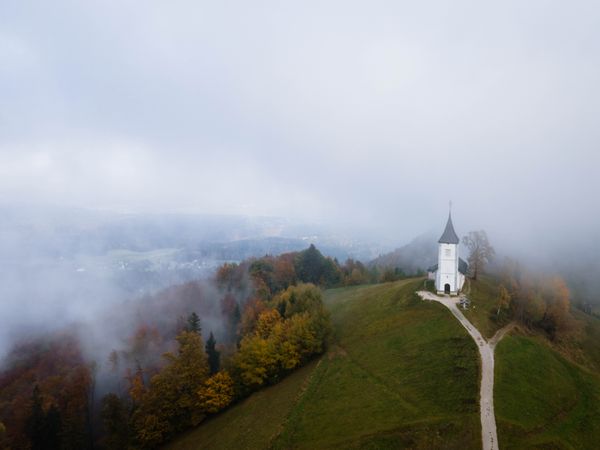 Aerial view of church of St. Primoz, Slovenia