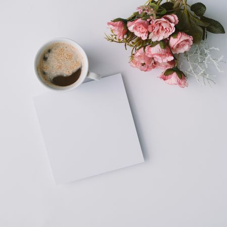 Coffee, and  paper card with flowers