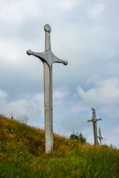 Famous Didgori battle monument with giant swordi in Caucasus mountain range