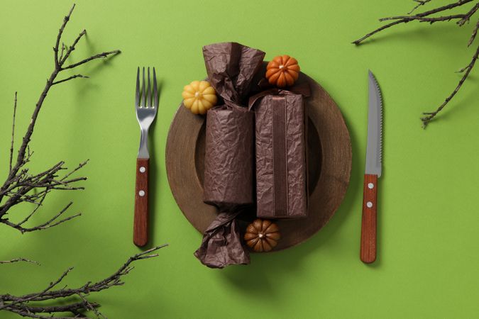 Concept of Thanksgiving day, Autumn table setting, top view
