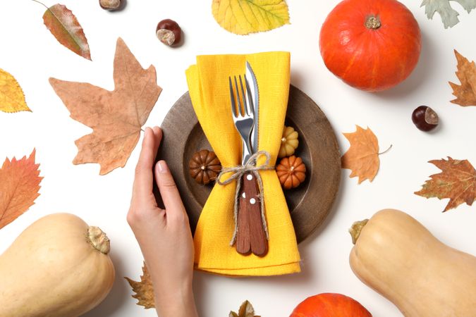 Concept of Thanksgiving day, Autumn table setting, top view