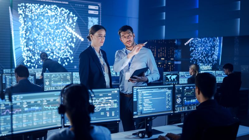 Professionals Discuss Data in High-tech Control Room. Advanced Technology.