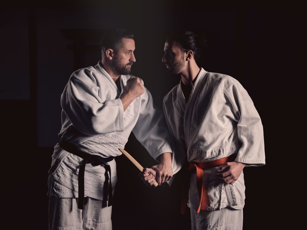 Determined sportsmen practicing self defense technique during judo training