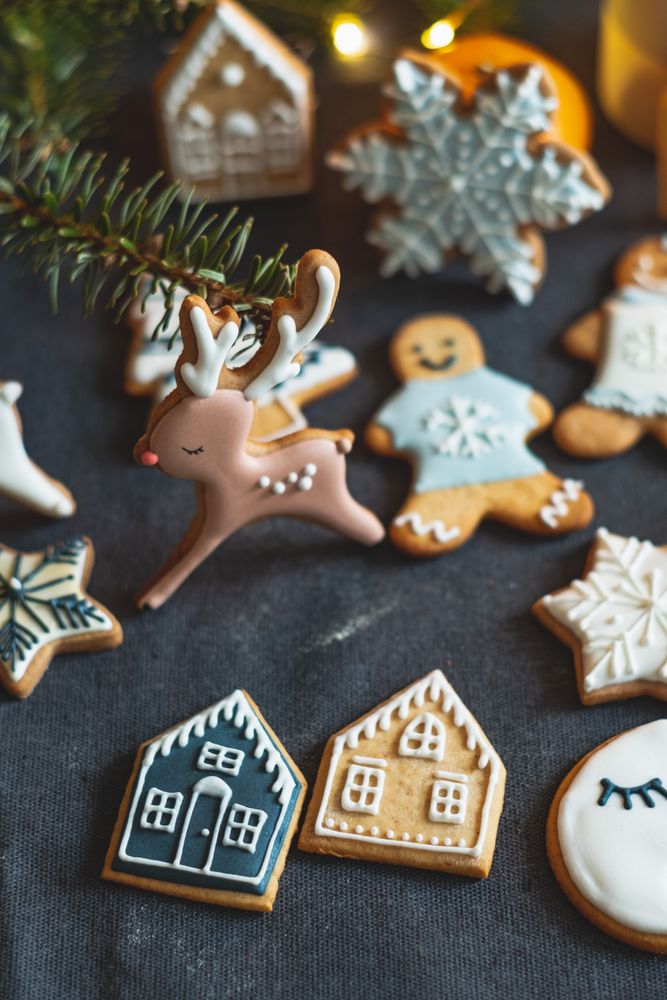 Baked gingerbread cookies in a variety of shapes and sizes