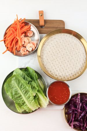 Rice Paper with Ingredient for Making Vietnam Spring Roll, Fresh Vegetable, Shrimp, and Sauce