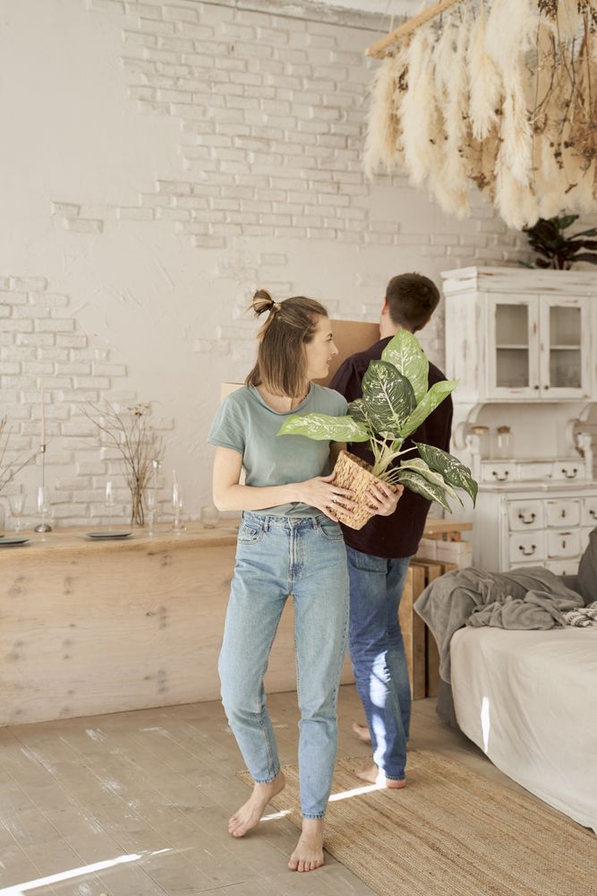 Active couple arranging flowers and stuff in new house