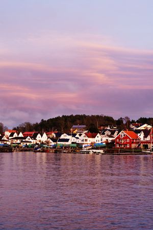 Scenic town on seaside in twilight