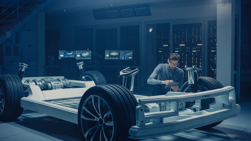Automobile Engineer Working on Electric Car Platform Chassis Prototype, Using Tablet Computer with 3D CAD Software Modelling.