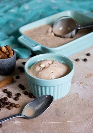 Homemade coffee ice cream in small serving dish