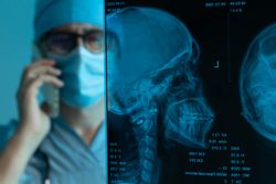 Doctor consulting patient on the phone while examining X-ray