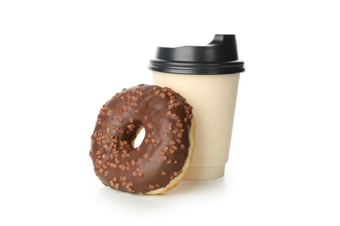 Paper cup and donut isolated on plain background