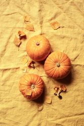 Top view of three small pumpkins on yellow background