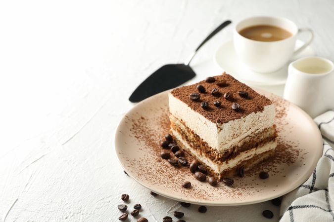 Composition with plate of tasty tiramisu on blank background. Delicious dessert