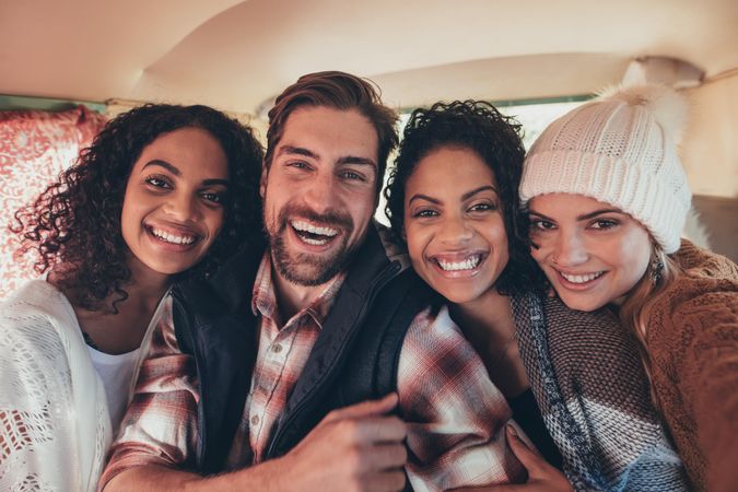 Friends on roadtrip taking selfie