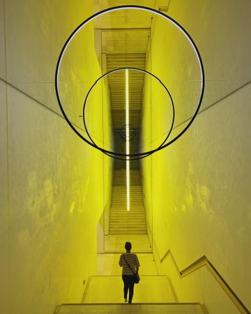 Person walking in a yellow staircase