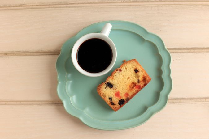 Top View Fruit Cake Slice and Coffee