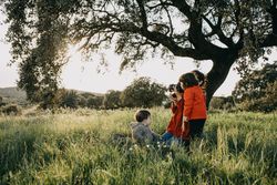 Young child looking through her mother’s camera in a park