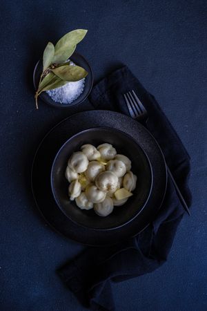 Top view of bowl of traditional Russian dumplings