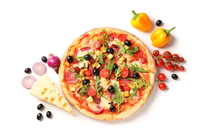 Tasty pizza and ingredients isolated on blank background