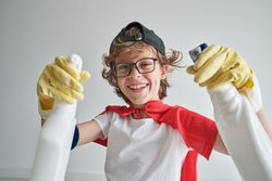 Cheerful boy in superhero costume with cleaning supplies in stud