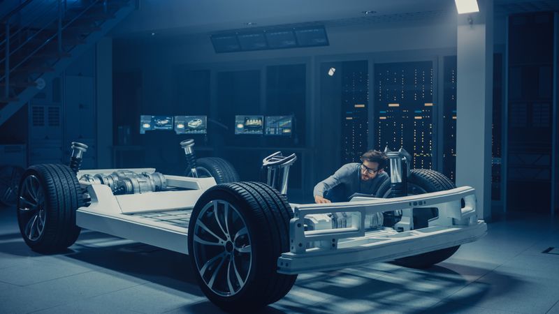 Automobile Engineer Working on Electric Car Platform Chassis Prototype, Using Tablet Computer with 3D CAD Software Modelling.