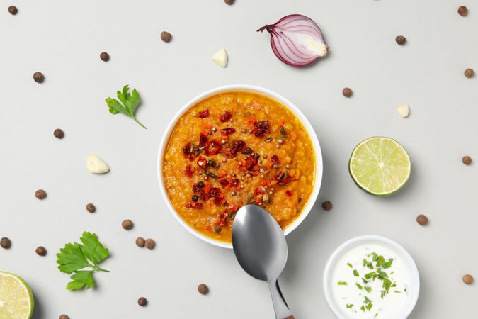Concept of tasty food, sweet potato puree, top view