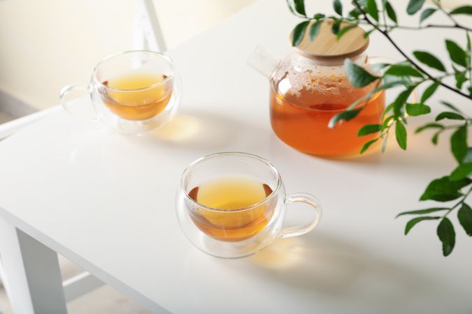 kitchen table with tea and plant