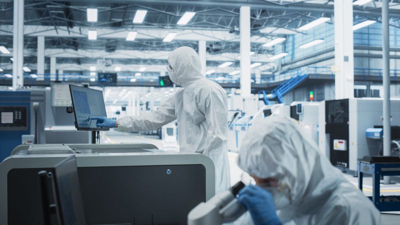 Scientists in hazmat protective suit working in laboratory