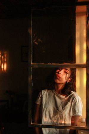 Woman in gray crew neck t-shirt standing behind window during golden hours