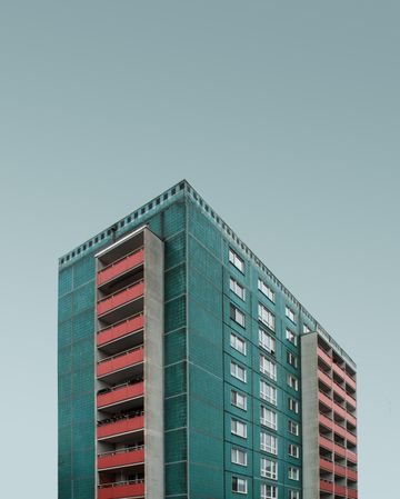 Green and red blocky building