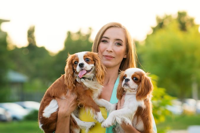 Breeder on walk with two dogs