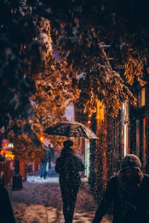People walking in rain on sidewalk during nighttime