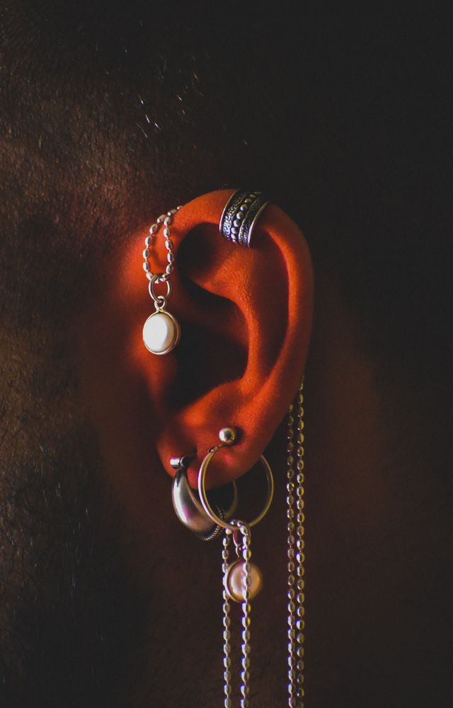 Earrings on man's ear in close-up