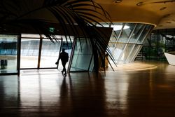 Man exiting modern style building
