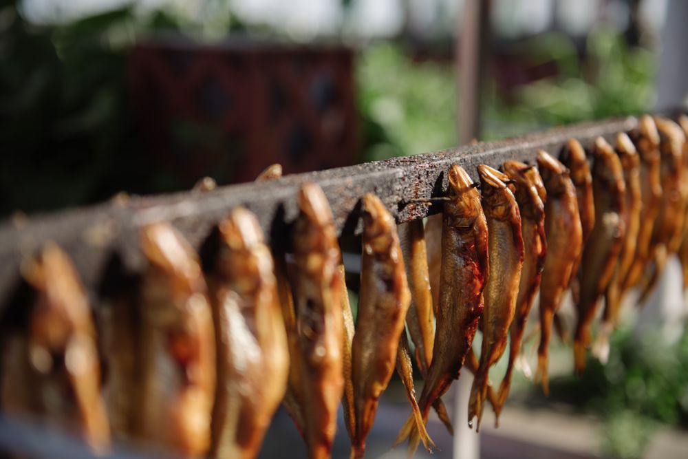 Row of smoked fish on wooden rail