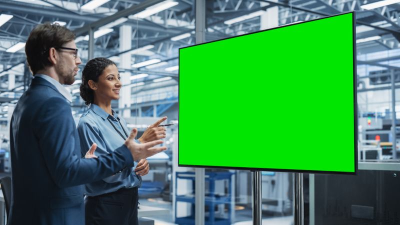 Male and female designers working from green screen