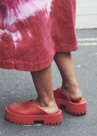 London, England, United Kingdom - September 18 2021: Close up of red shoes