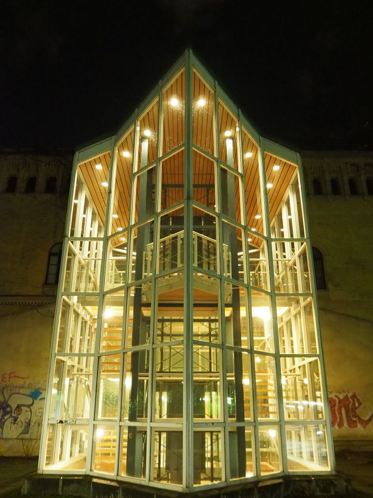 Lighting Glassed-Landmark of stairs at night time.