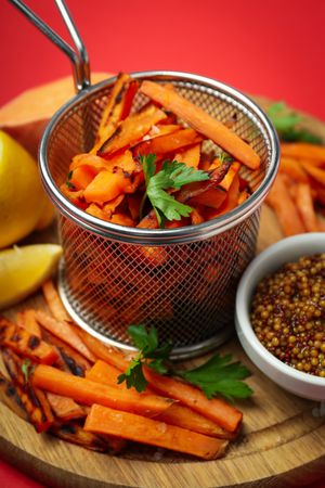 Concept of tasty food, fried sweet potato, close up